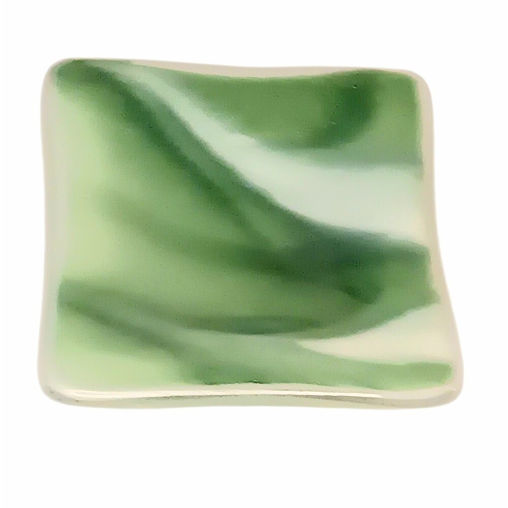 Fused Art Glass Trinket Dish Green And White Swirl Small Square 3" x .25"